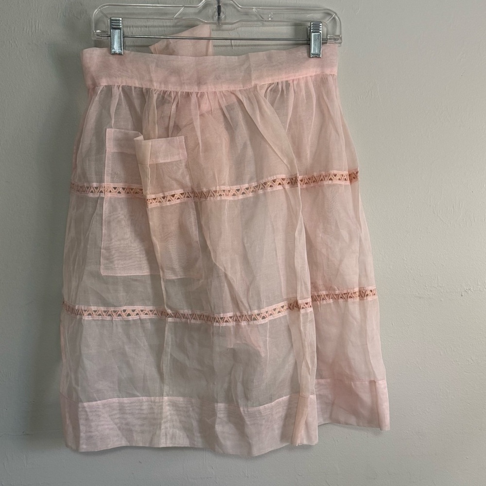 Vintage Pink Sheer Metallic Ric Rac Trim Apron Hand Made OOAK Pocket 22” Long
